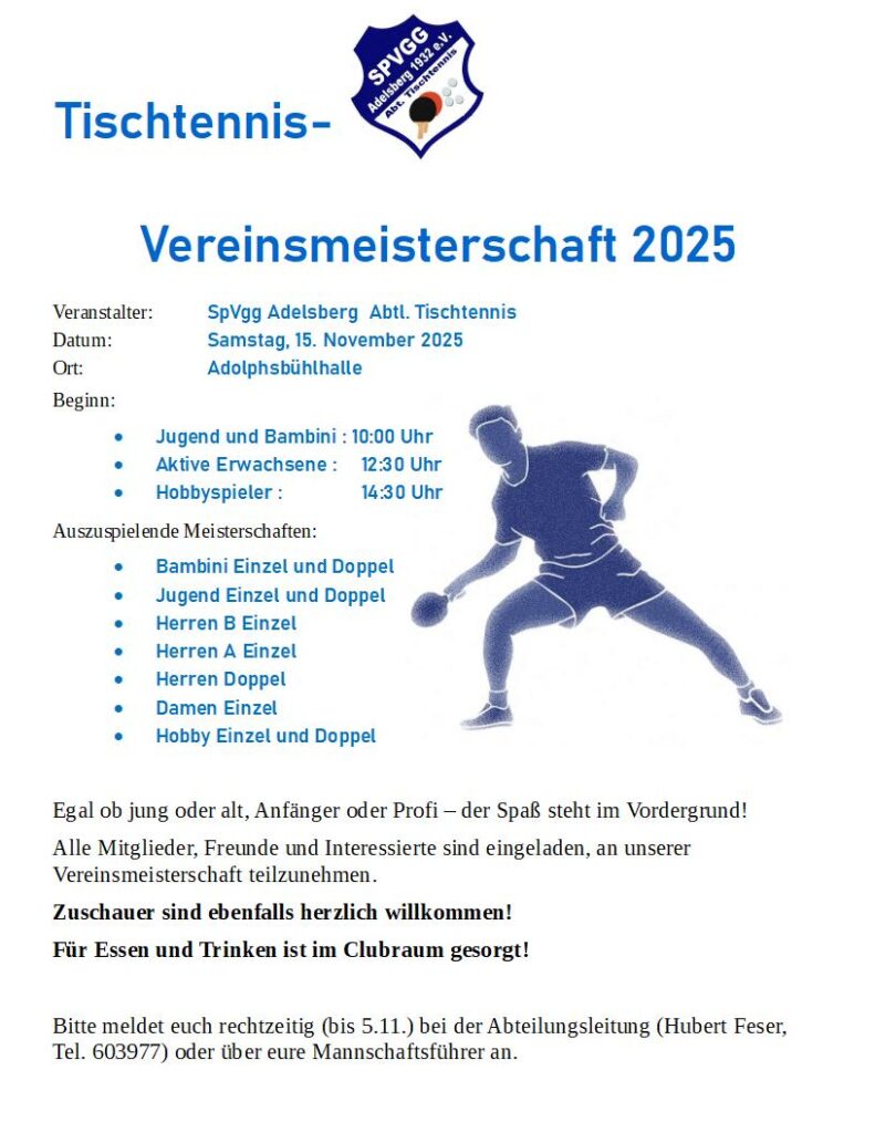 Tischtennis Vereinsmeisterschaft 2025 in Adelsberg