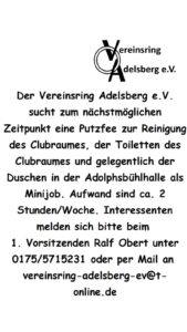 Der Vereinsring Adelsberg sucht zum nächstmöglichen Zeitpunkt eine Putzkraft
